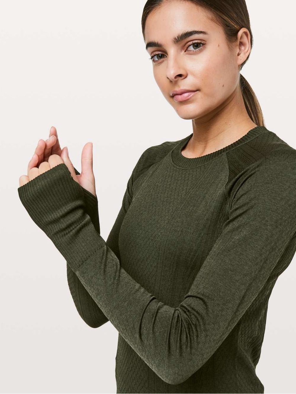 Lululemon Rest Less Long Sleeve Shirt Textured Design Olive Green Womens Size 2